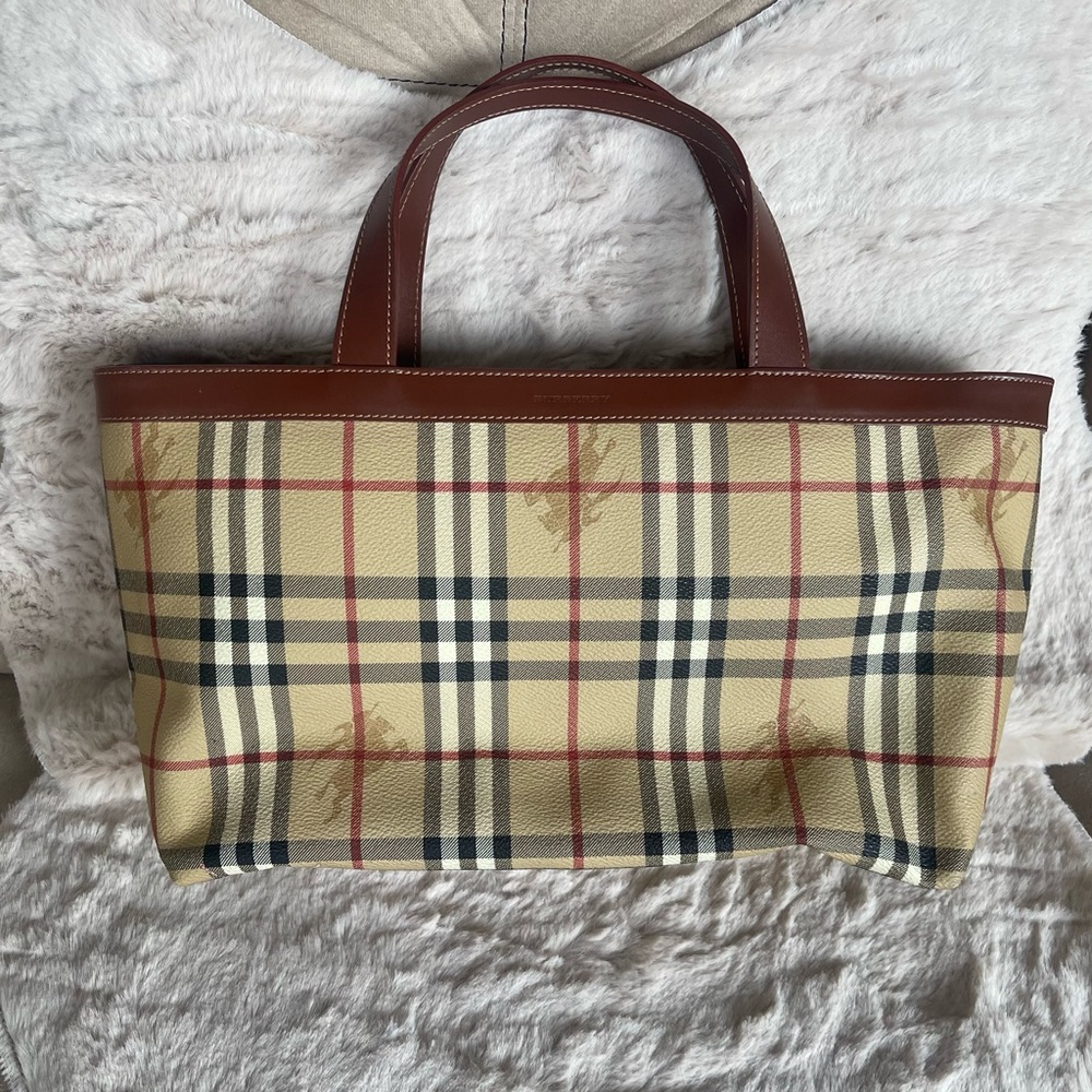 Burberry Tan Plaid Canvas Tote with Brown Leather Handles